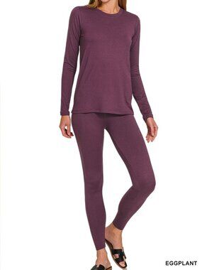 Zenana Microfiber Round Neck Top and Leggings Set - Eggplant